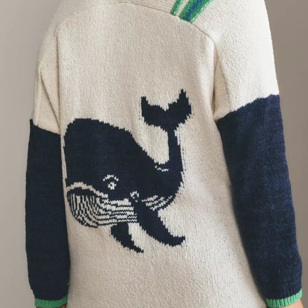 Anthropologie Maeve Nautical Buoy Cardigan Sweater Whale Seahorse L XL Petite - Picture 6 of 9